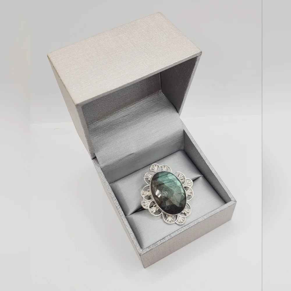 925 Sterling Silver Ring Blue Green Labradorite Ring Statement Ring Face…
